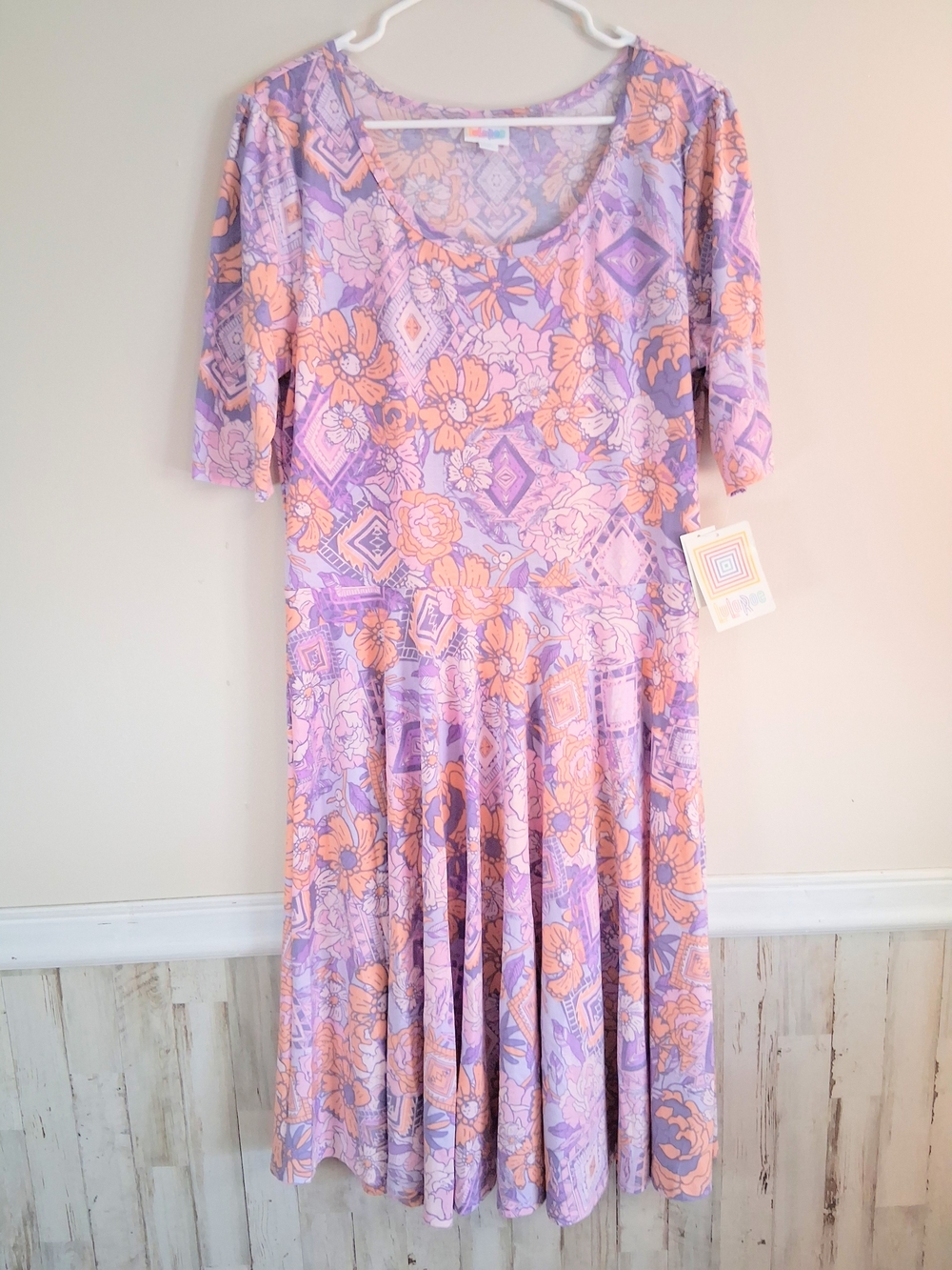 LuLaRoe Nicole Midi Dress Pastel Geometric Floral NWT Aline Scoop Neck Size 2XL